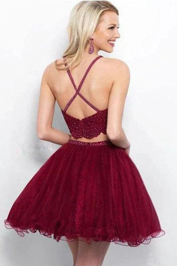 A Line Two Piece Appliques Burgundy Short Homecoming Dresses with Beading PD263 by pgmdress