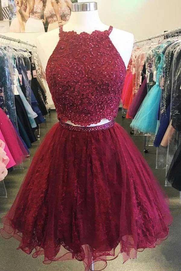 A Line Two Piece Appliques Burgundy Short Homecoming Dresses with Beading PD263 by pgmdress