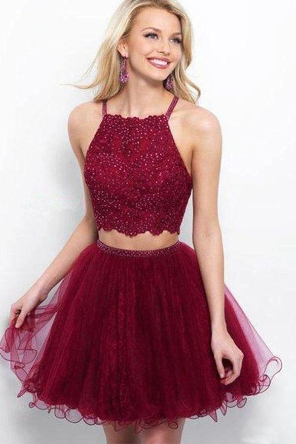 A Line Two Piece Appliques Burgundy Short Homecoming Dresses with Beading PD263 by pgmdress