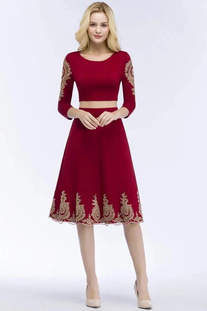 A-line Two-piece Plus Size Tea Length Long Sleeves Appliques Homecoming Dresses by misshow.com