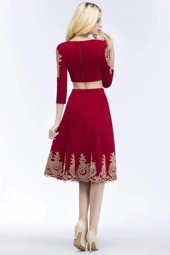 A-line Two-piece Plus Size Tea Length Long Sleeves Appliques Homecoming Dresses by misshow.com