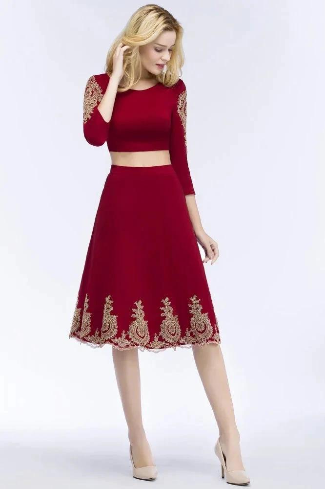 A-line Two-piece Plus Size Tea Length Long Sleeves Appliques Homecoming Dresses by misshow.com