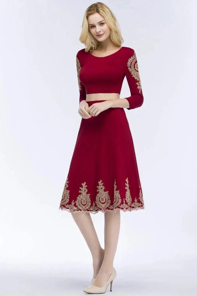 A-line Two-piece Plus Size Tea Length Long Sleeves Appliques Homecoming Dresses by misshow.com