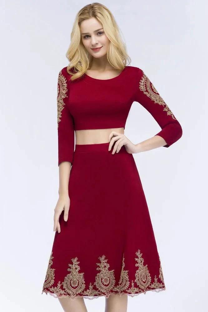 A-line Two-piece Plus Size Tea Length Long Sleeves Appliques Homecoming Dresses by misshow.com