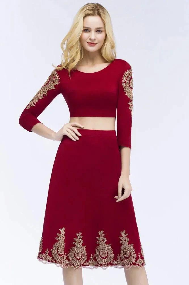 A-line Two-piece Plus Size Tea Length Long Sleeves Appliques Homecoming Dresses by misshow.com