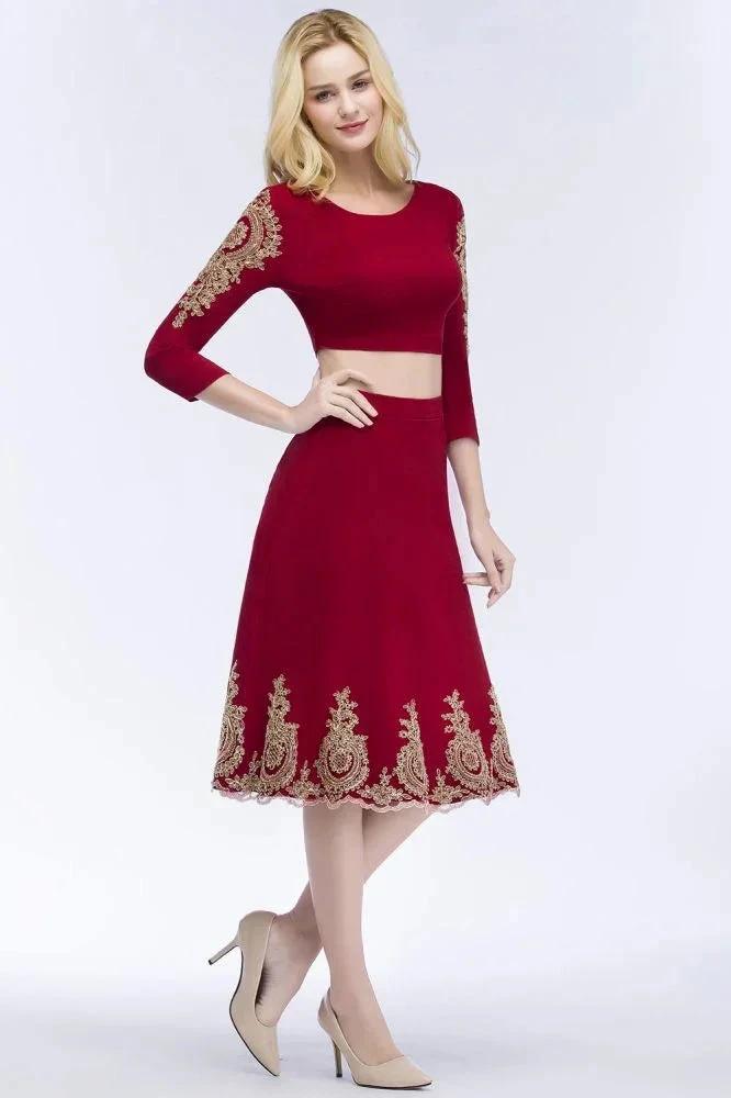 A-line Two-piece Plus Size Tea Length Long Sleeves Appliques Homecoming Dresses by misshow.com