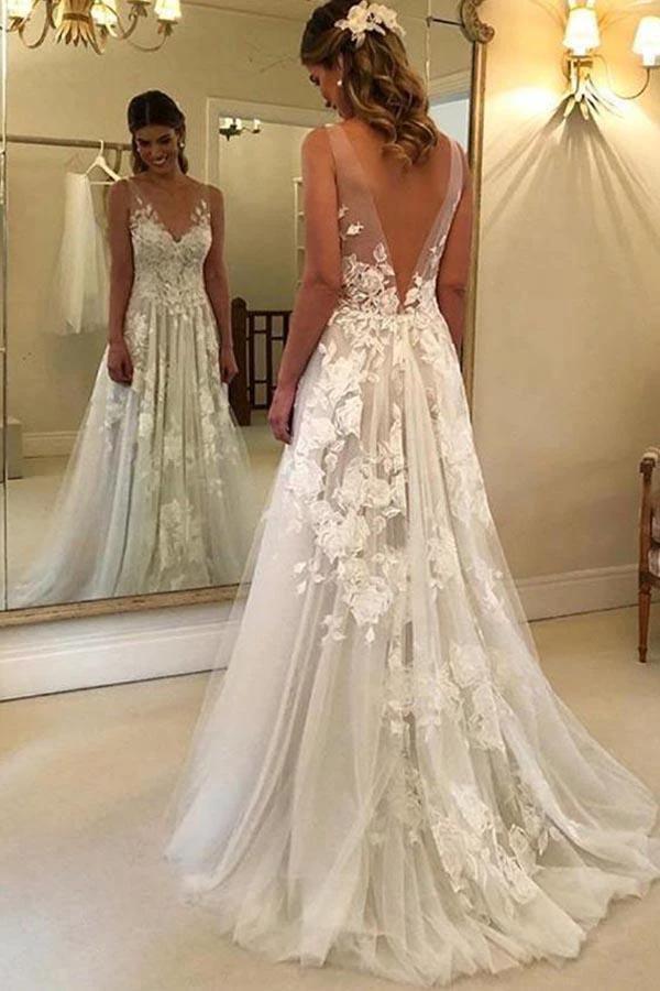 A-Line V-neck Backless Sweep Train Wedding Dress with Appliques WD394 by pgmdress