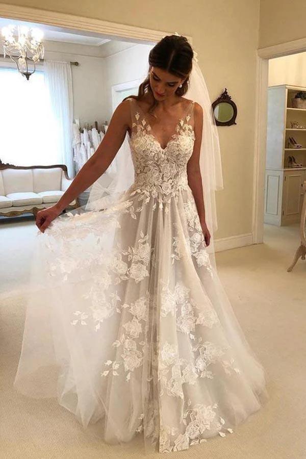 A-Line V-neck Backless Sweep Train Wedding Dress with Appliques WD394 by pgmdress