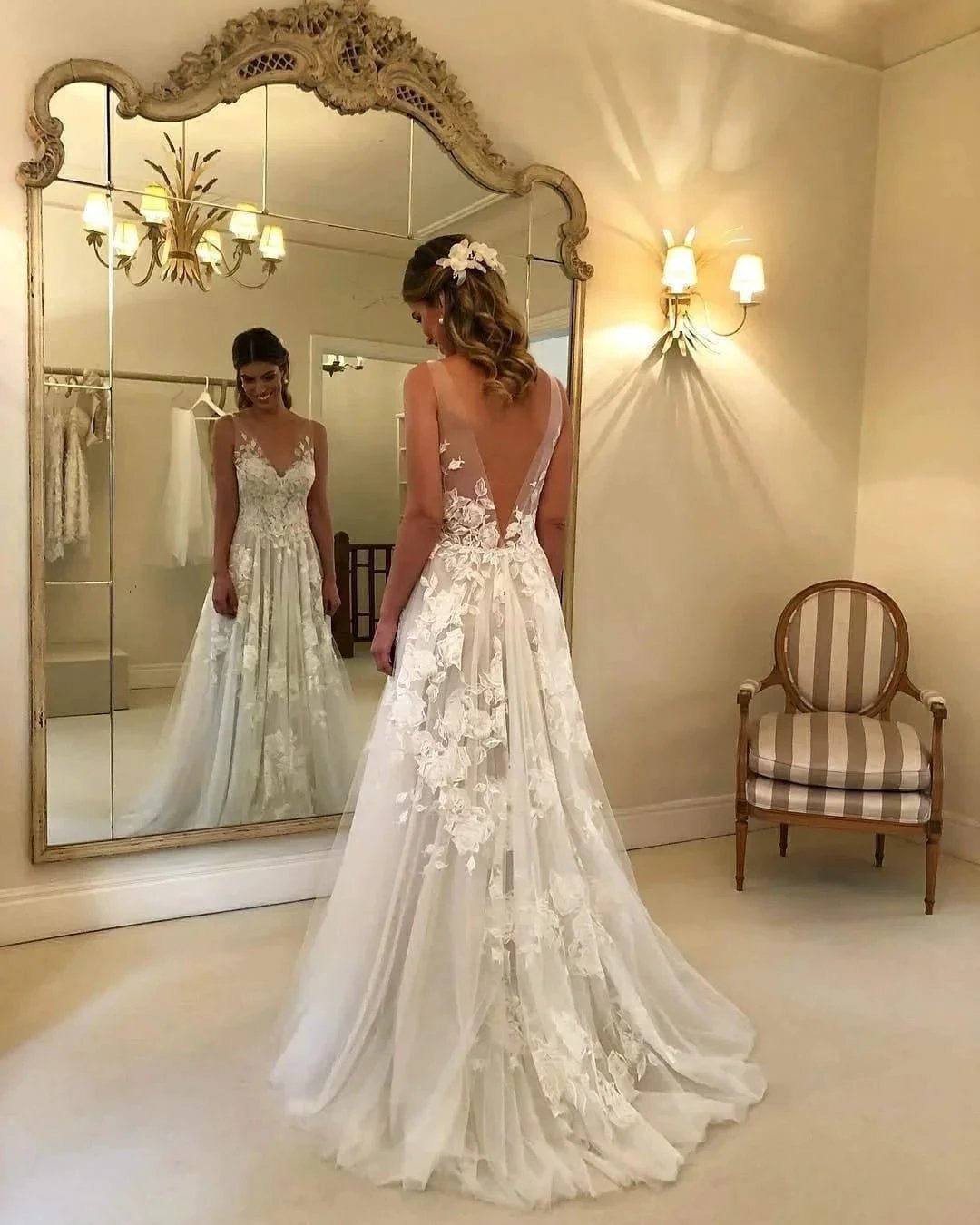 A-Line V-neck Backless Sweep Train Wedding Dress with Appliques WD394 by pgmdress