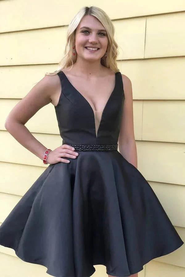 A Line V Neck Black Simple Homecoming Dresses with Pocket PD240 by pgmdress