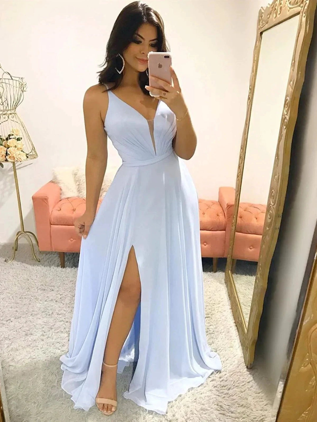 A-line V Neck Chiffon Long Prom Formal Graduation Dresses with Slit by BIZTUNNEL