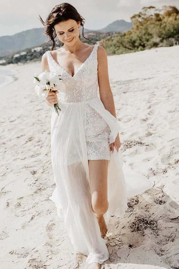 A-Line V-Neck Detachable Train Long Beach Wedding/Bridal Dress WD264 by pgmdress