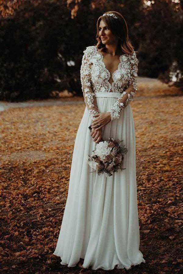 A-Line V-Neck Floor Length Chiffon Wedding Dress with Appliques Flowers WD340 by pgmdress