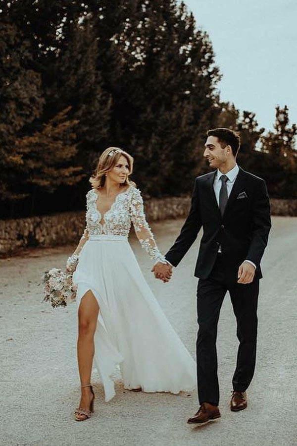 A-Line V-Neck Floor Length Chiffon Wedding Dress with Appliques Flowers WD340 by pgmdress