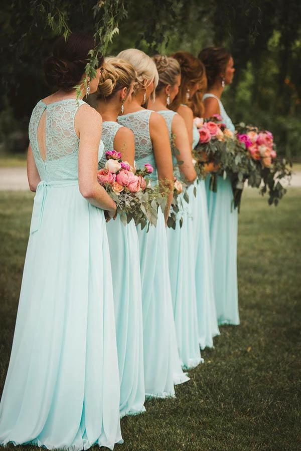 A-Line V-Neck Floor-Length Mint Chiffon Bridesmaid Dress with Lace BD052 by pgmdress
