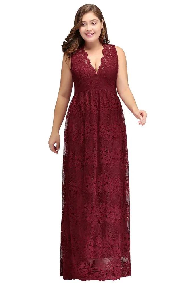 A-Line V-neck Floor Length Sleeveless Plus size Lace Burgundy Evening Dresses by misshow.com