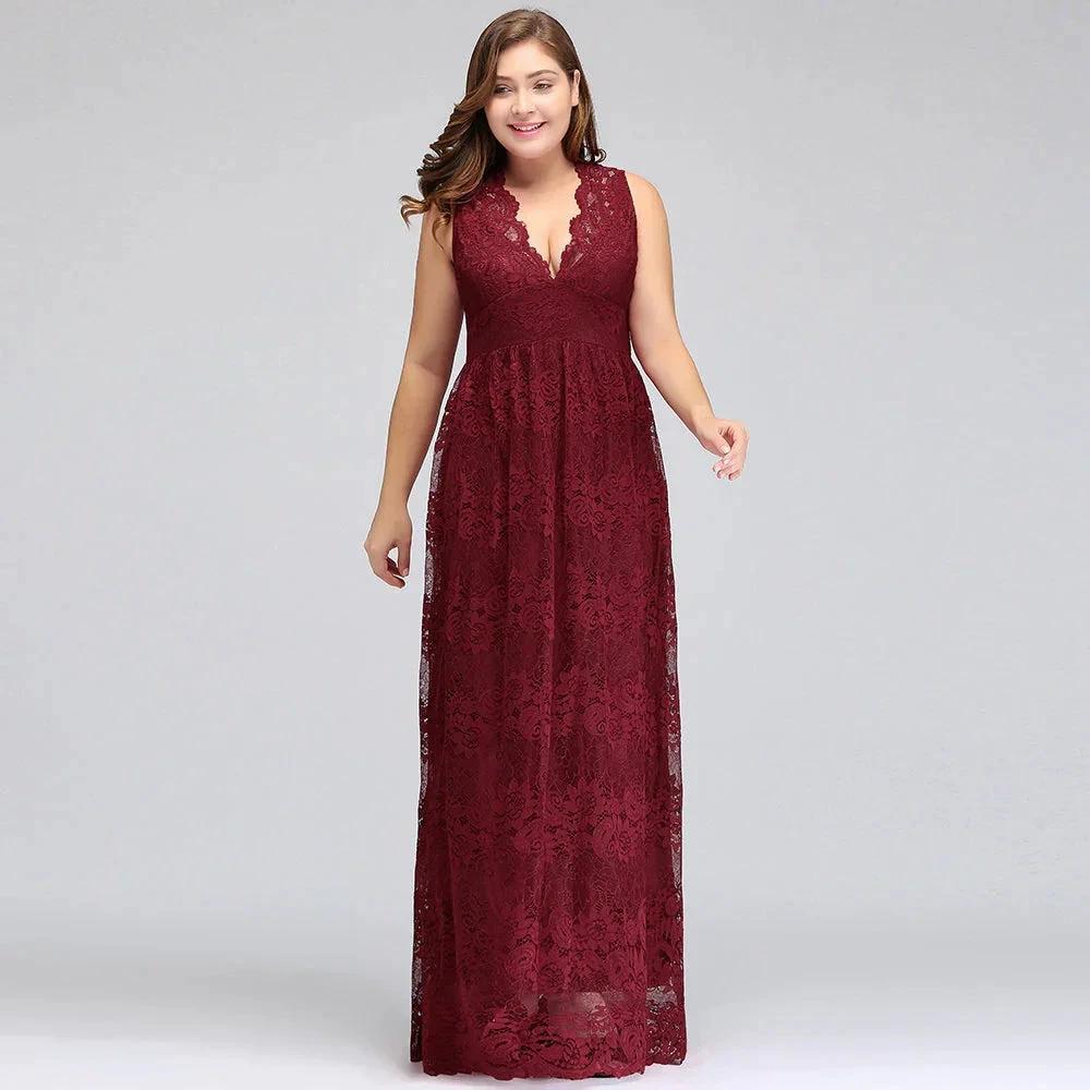 A-Line V-neck Floor Length Sleeveless Plus size Lace Burgundy Evening Dresses by misshow.com