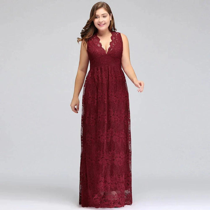 A-Line V-neck Floor Length Sleeveless Plus size Lace Burgundy Evening Dresses by misshow.com