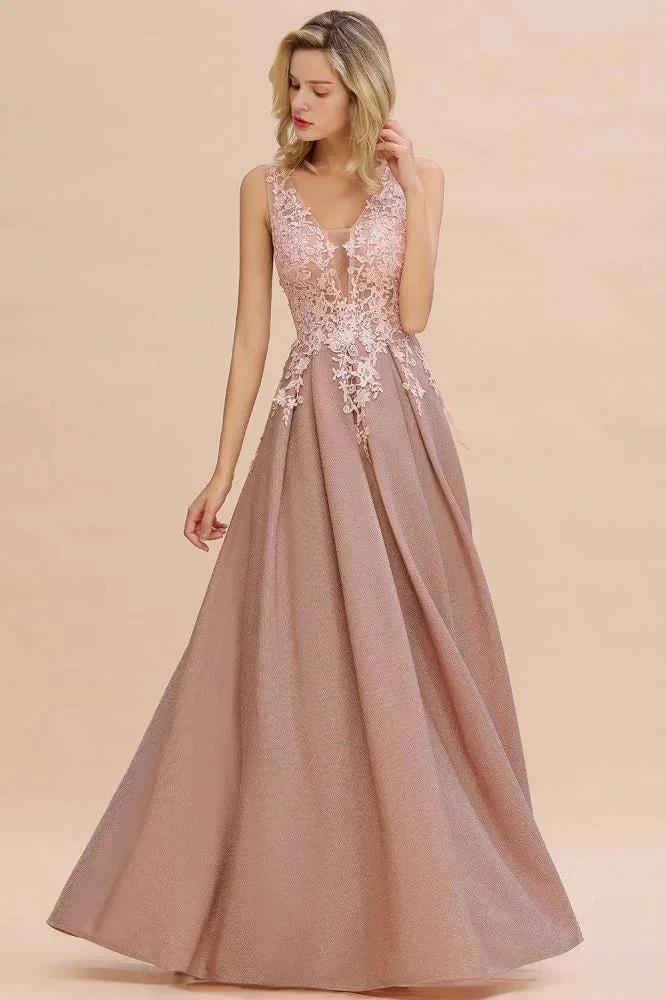 A-Line V-neck Floor-Length Tulle Sequined Prom Dresses by misshow.com