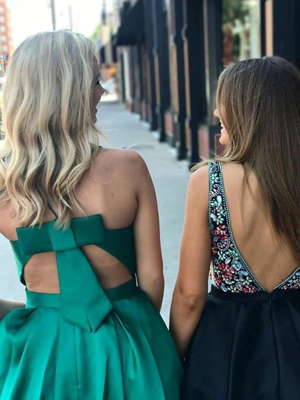 A-line V Neck Green Satin Short Prom Dresses with Pockets Open Back Homecoming Graduation Dress by BIZTUNNEL