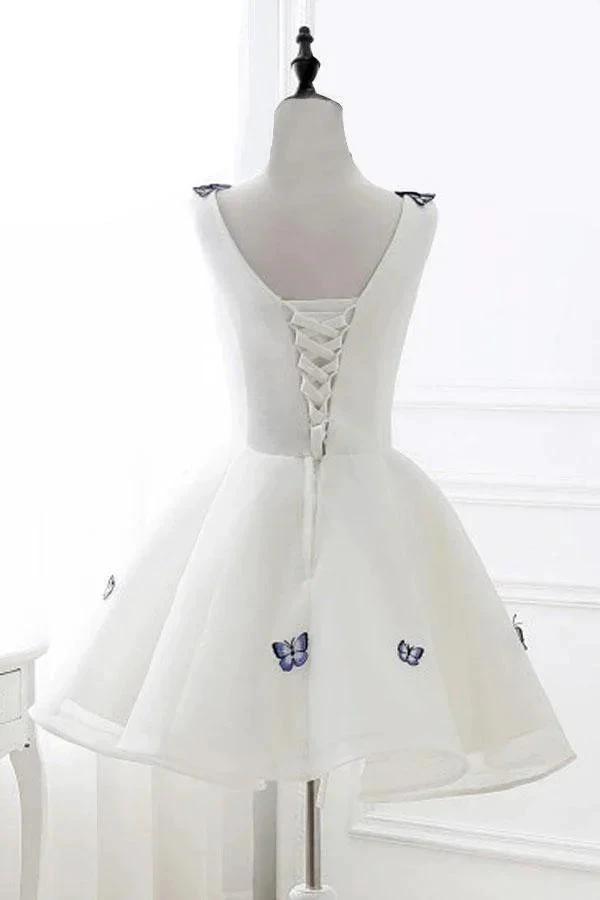 A-Line V-Neck Ivory Organza Homecoming Dress with Appliques PD138 by pgmdress