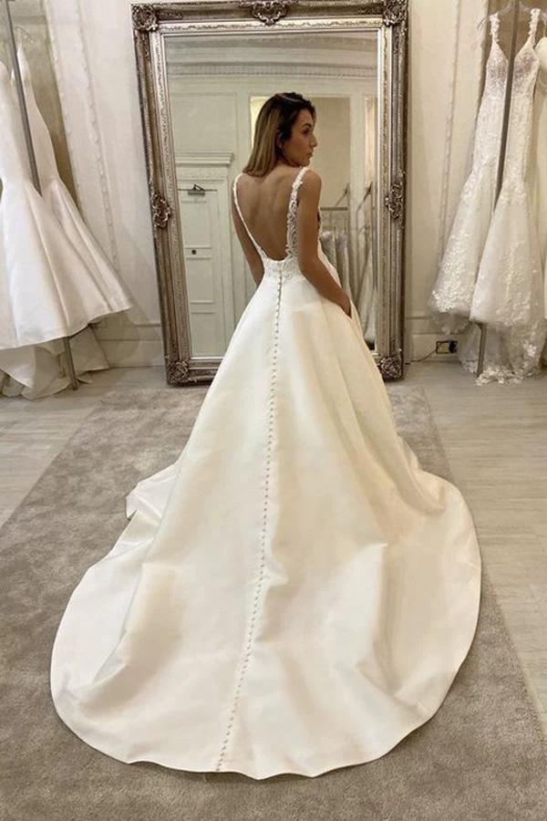 A-Line V-neck Ivory Satin Simple Wedding Dress Backless Bridal Gowns WD470 by pgmdress