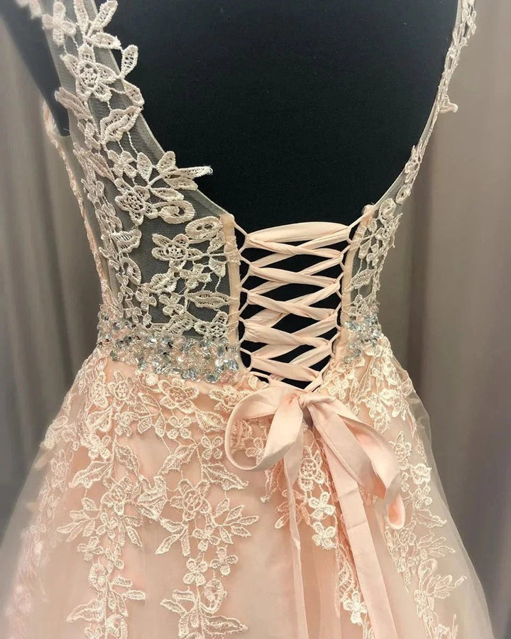 A Line V Neck Lace Long Formal Graduation Evening Prom Dresses with Belt by BIZTUNNEL