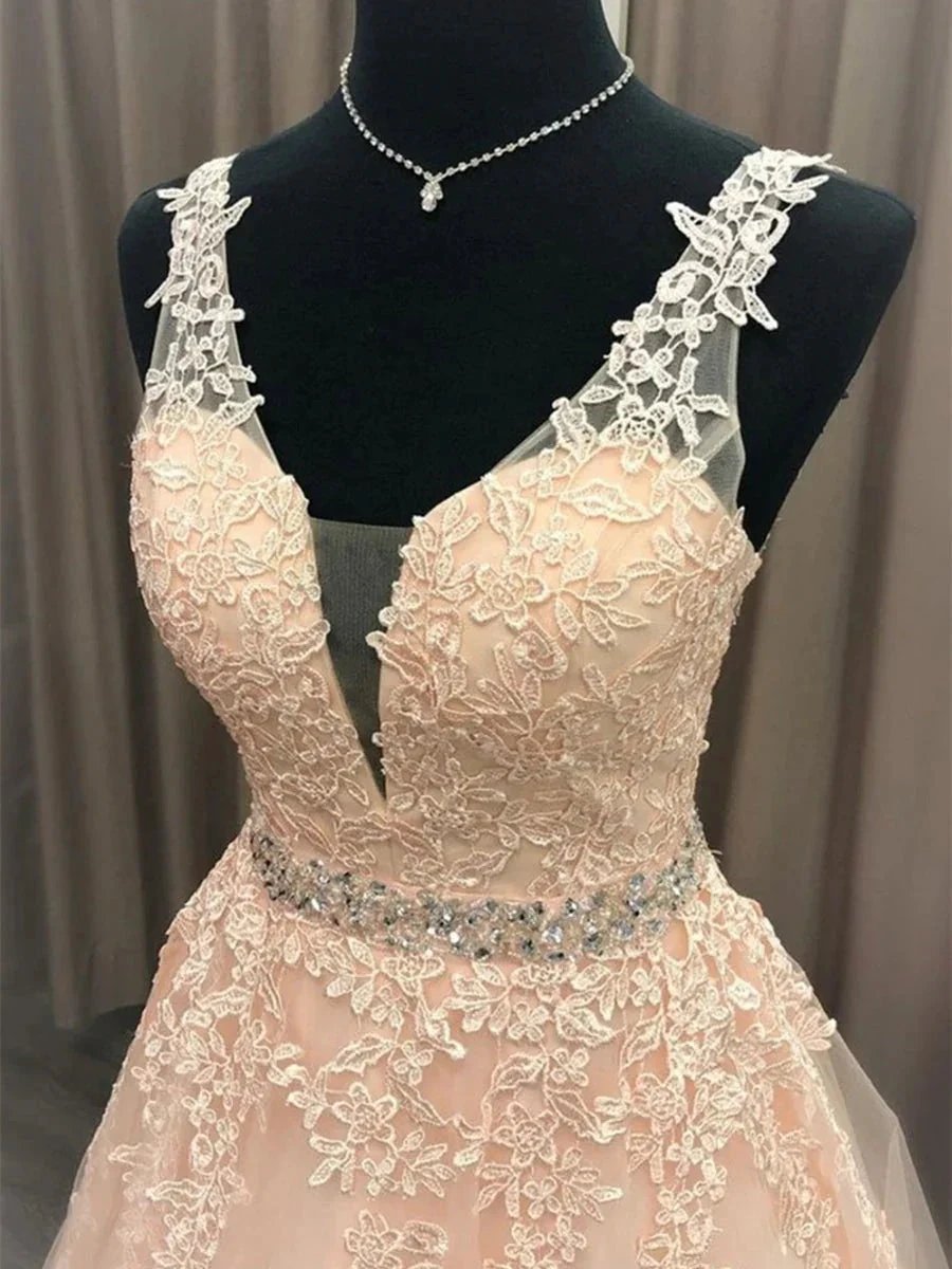 A Line V Neck Lace Long Formal Graduation Evening Prom Dresses with Belt by BIZTUNNEL