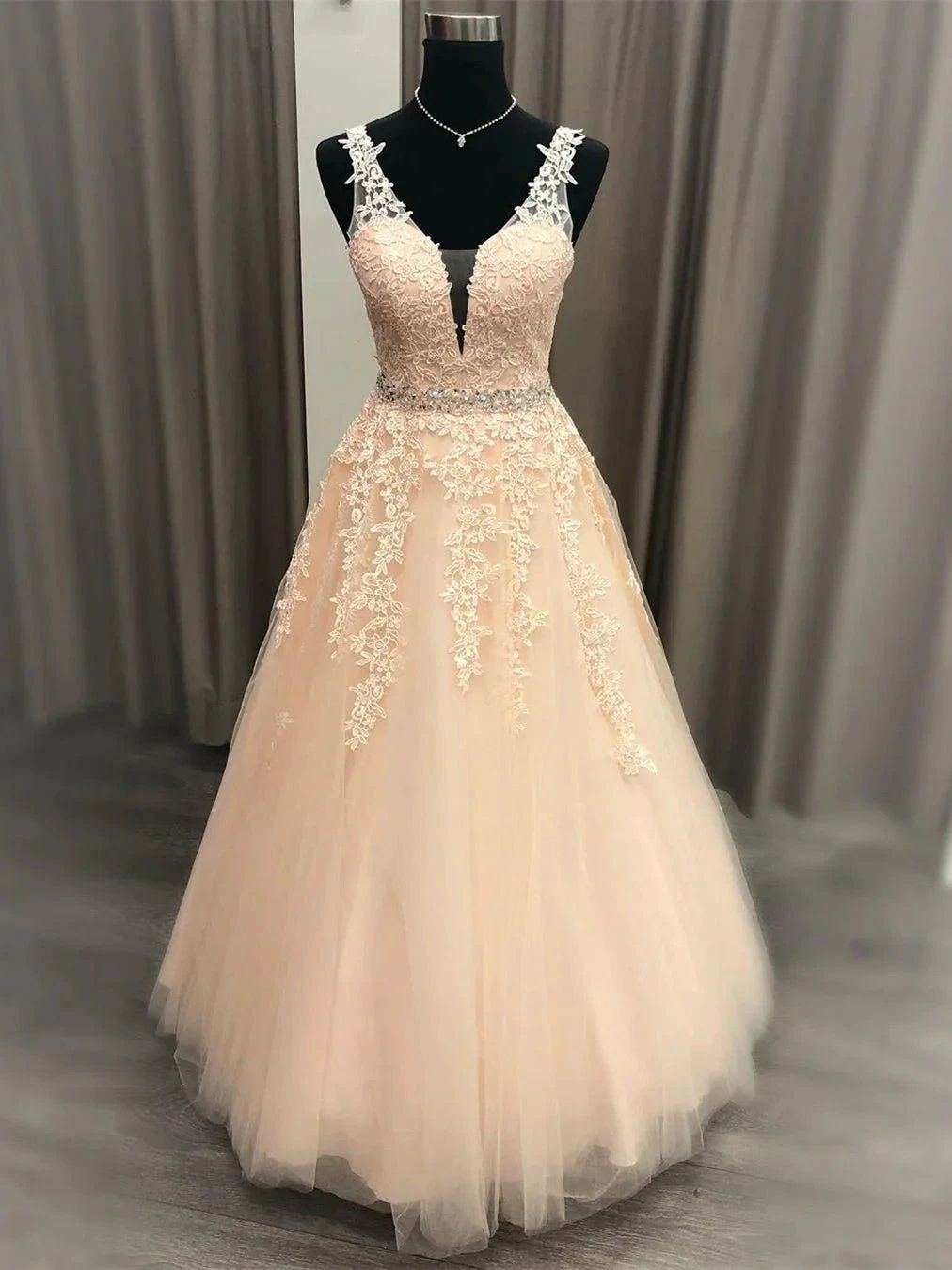 A Line V Neck Lace Long Formal Graduation Evening Prom Dresses with Belt by BIZTUNNEL