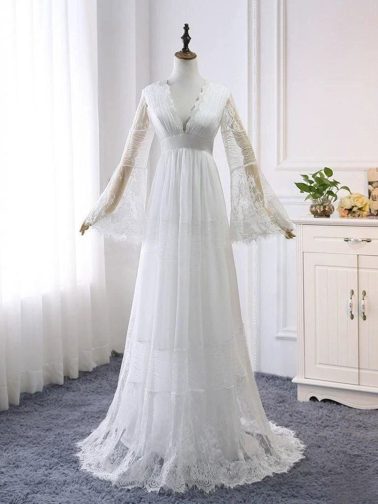 A-line V neck Long Sleeve Wedding Dress Rustic Boho Wedding Dress WD516 by pgmdress
