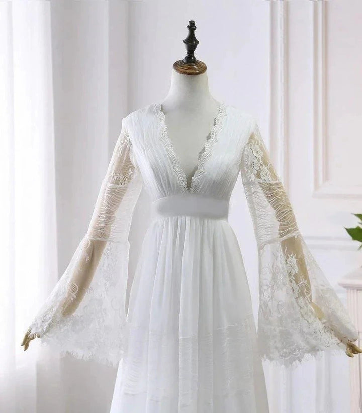A-line V neck Long Sleeve Wedding Dress Rustic Boho Wedding Dress WD516 by pgmdress