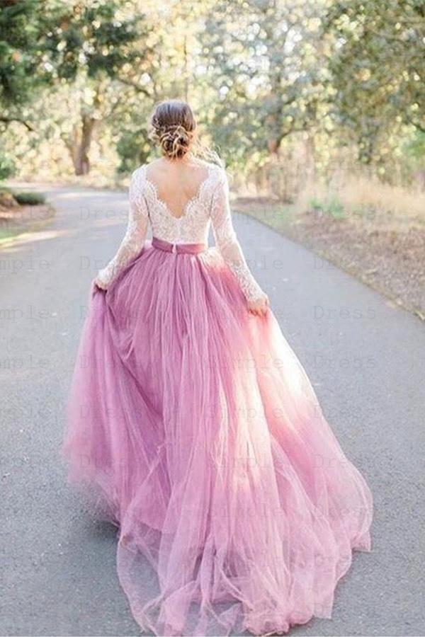 A-Line V-Neck Long Sleeves Pink Tulle Wedding Dress with Lace Appliques WD545 by pgmdress