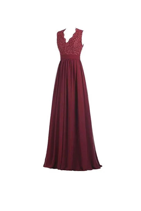 A-line V Neck Open Back Chiffon Long Evening Gown with Lace PG253 by pgmdress