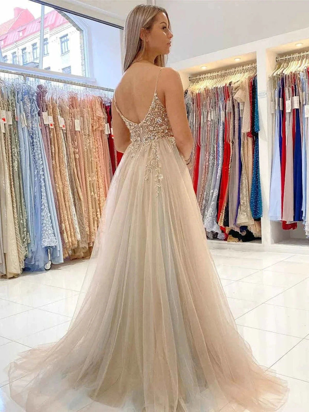 A-line V Neck Open Back Tulle Beaded Long Prom Dress with High Slit Gray Formal Evening Gowns by BIZTUNNEL