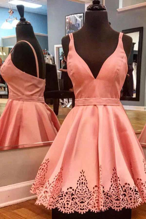 A-Line V-Neck Pleated Short Red Satin Homecoming Dress PD026 by pgmdress
