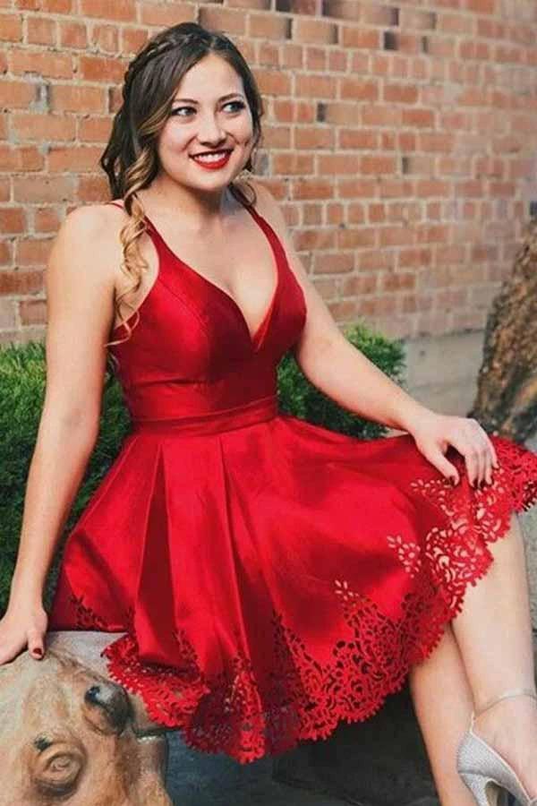 A-Line V-Neck Pleated Short Red Satin Homecoming Dress PD026 by pgmdress