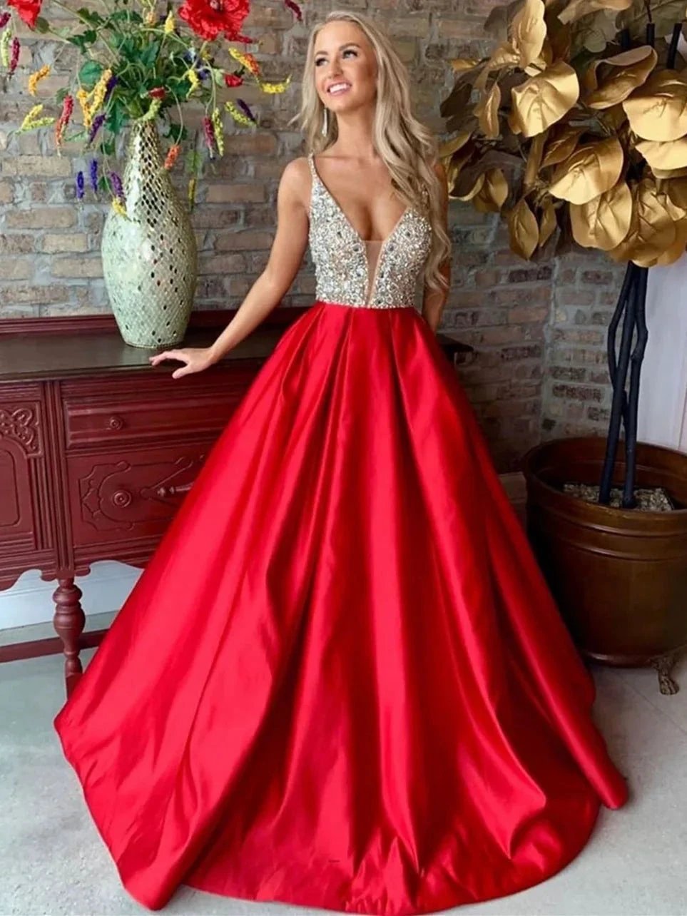 A-line V Neck Satin Beading Long Prom Dresses Red Formal Party Gowns by BIZTUNNEL