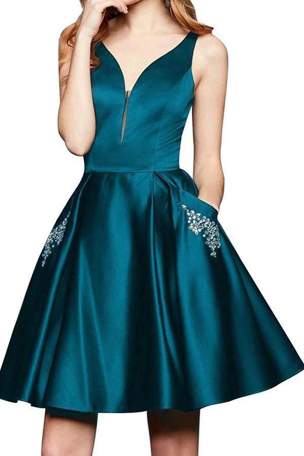 A Line V Neck Satin Burgundy Beaded Homecoming Dresses with Pockets PD262 by pgmdress
