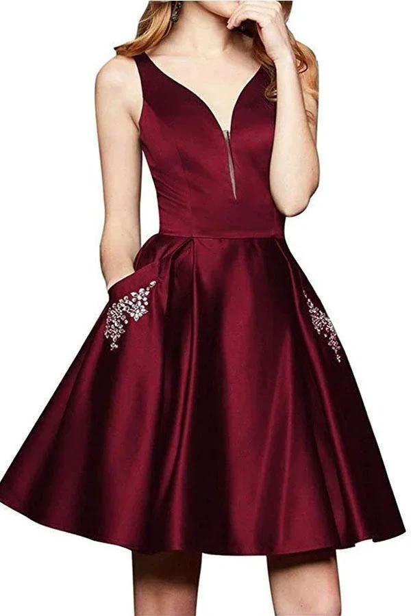 A Line V Neck Satin Burgundy Beaded Homecoming Dresses with Pockets PD262 by pgmdress