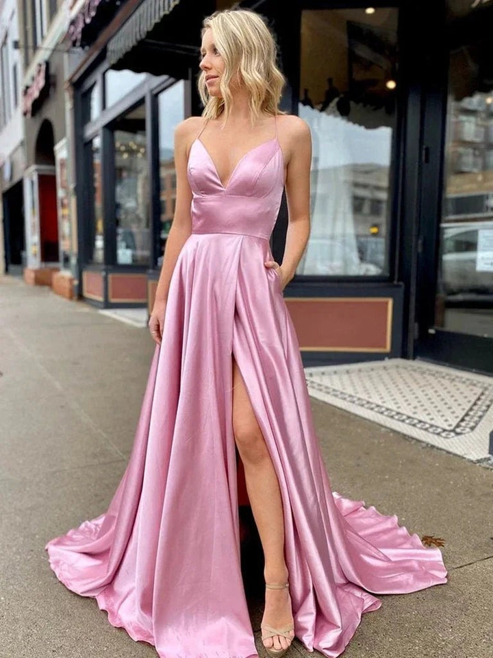 A Line V Neck Satin Long Prom Dresses with High Slit Backless Formal Gowns with Pocket by BIZTUNNEL
