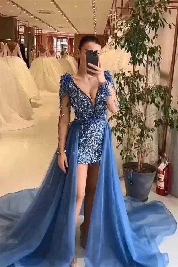 A-line V-neck Sequined Long Sleeveless Formal Prom Dresses with Long Detachable tail by BIZTUNNEL
