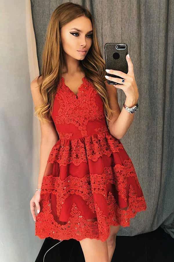 A-Line V-Neck Short Red Tulle Homecoming Dress with Appliques Beading PD082 by pgmdress