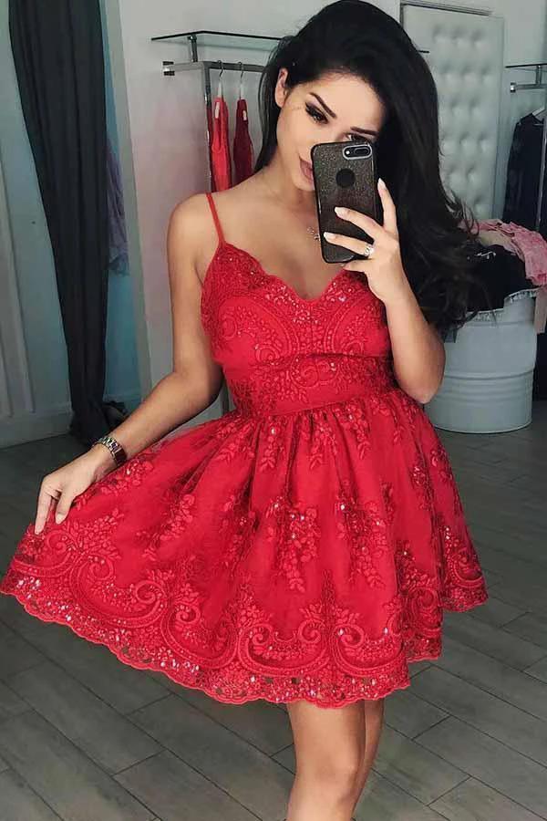 A-Line V-Neck Short Red Tulle Homecoming Dress with Appliques Beading PD082 by pgmdress