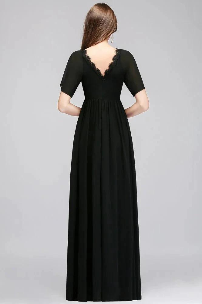 A-line V-neck Short Sleeves Long Black Chiffon Bridesmaid Dress by misshow.com