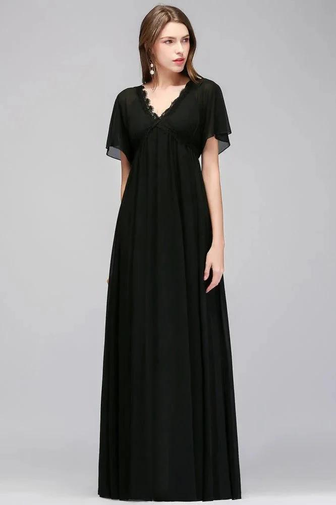 A-line V-neck Short Sleeves Long Black Chiffon Bridesmaid Dress by misshow.com