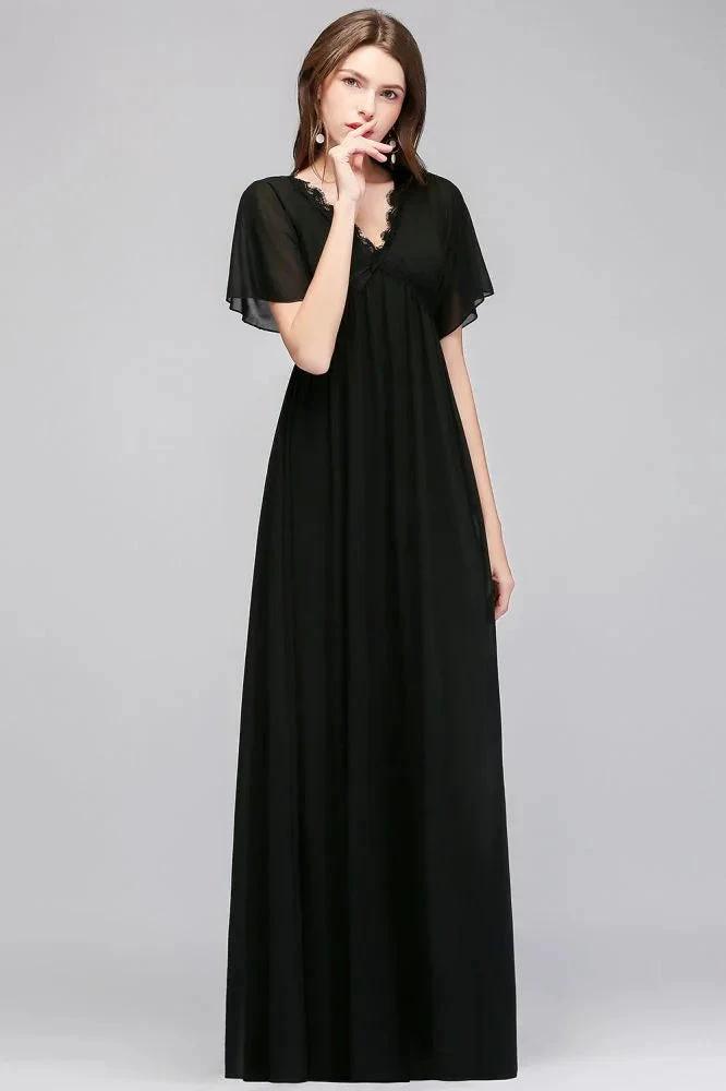 A-line V-neck Short Sleeves Long Black Chiffon Bridesmaid Dress by misshow.com