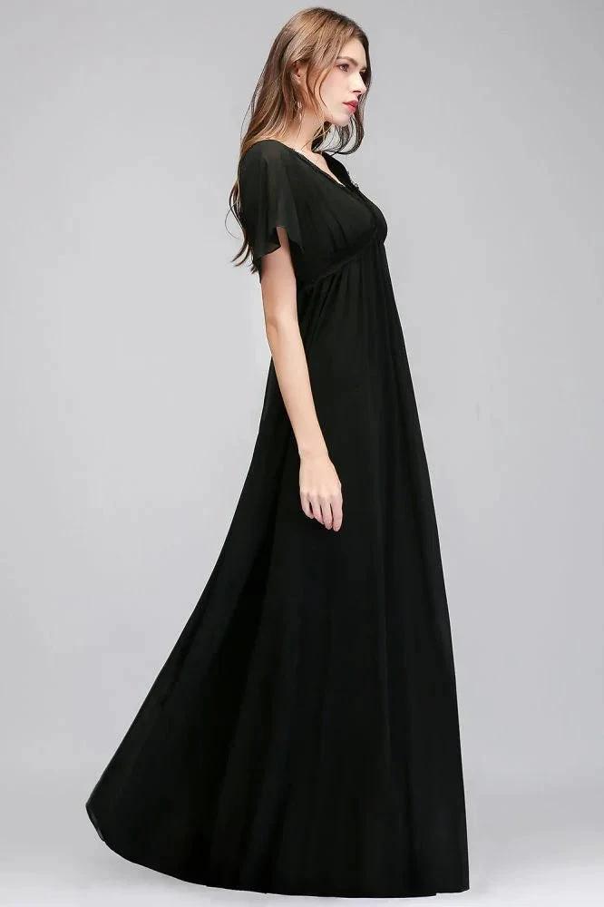 A-line V-neck Short Sleeves Long Black Chiffon Bridesmaid Dress by misshow.com