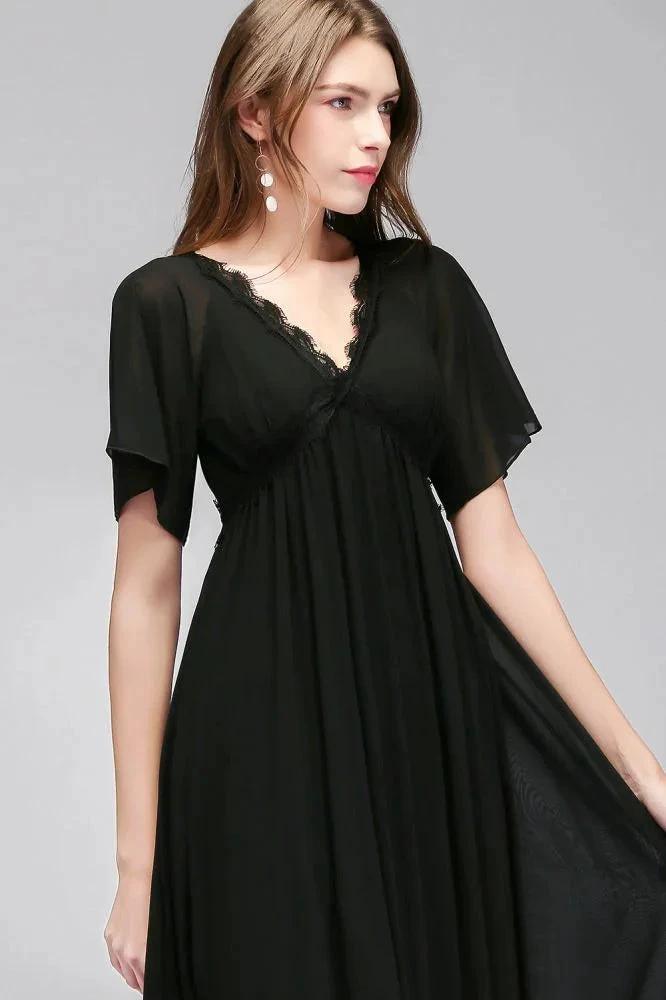 A-line V-neck Short Sleeves Long Black Chiffon Bridesmaid Dress by misshow.com