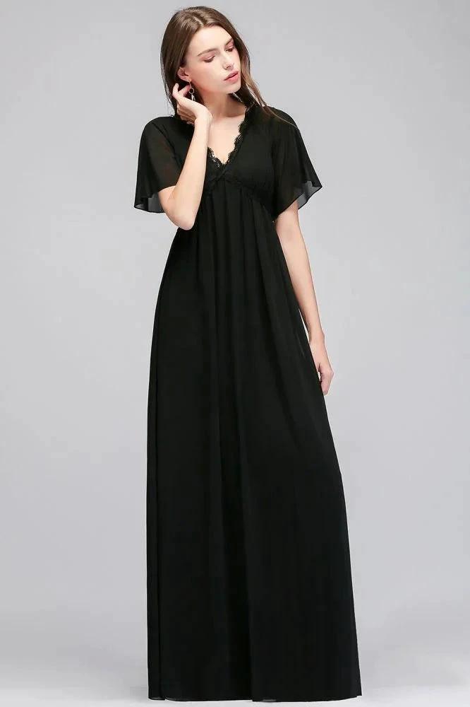 A-line V-neck Short Sleeves Long Black Chiffon Bridesmaid Dress by misshow.com