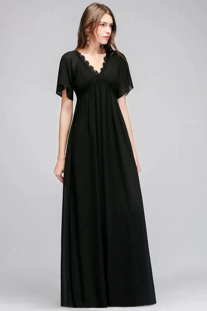 A-line V-neck Short Sleeves Long Black Chiffon Bridesmaid Dress by misshow.com